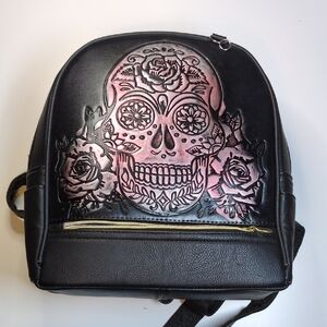 Black Leather Sugar Skull Dia De Los Muertos Mini Backpack
